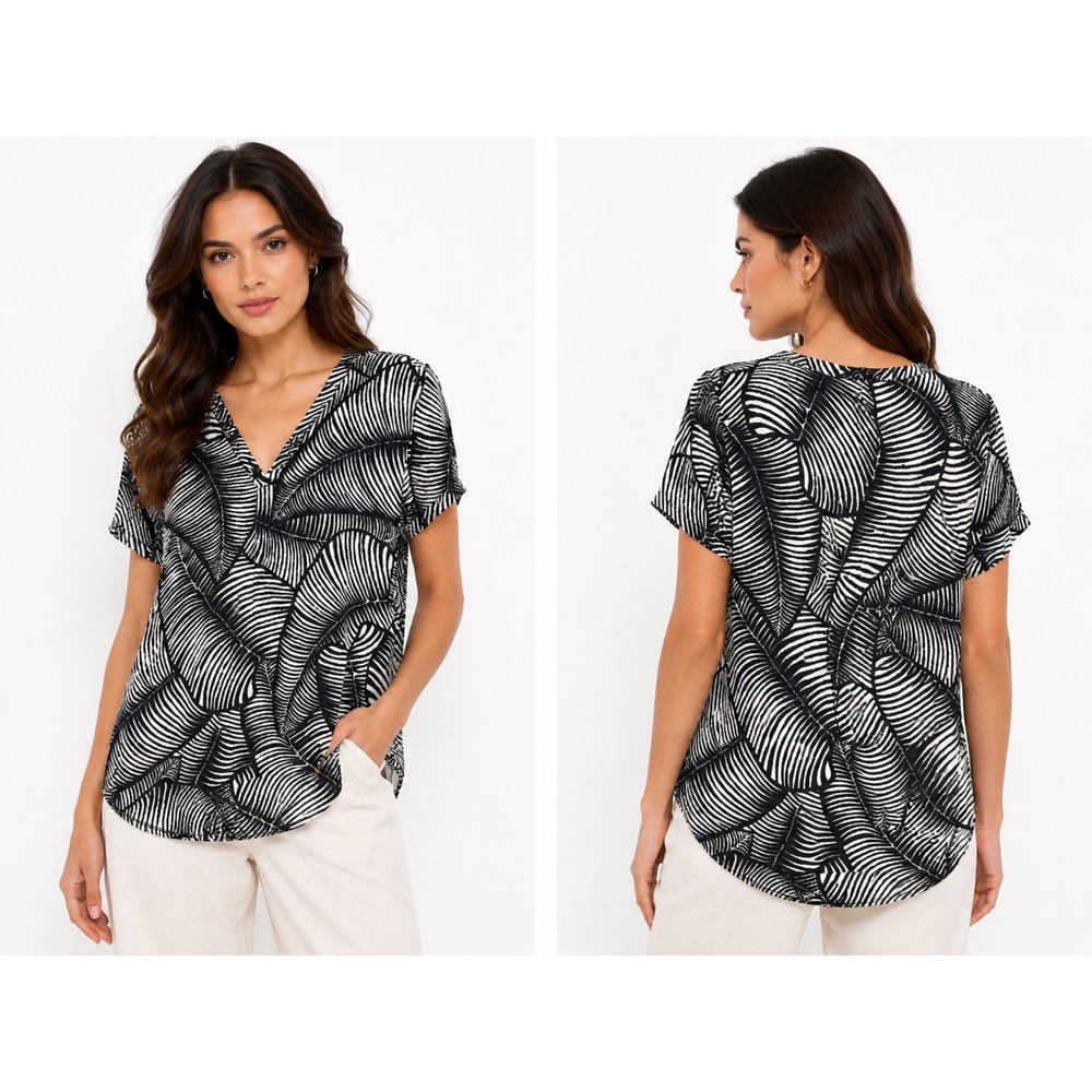 Ann Taylor V-Neck Top Womens Medium Black White Palm Leaf Mixed Media Blouse